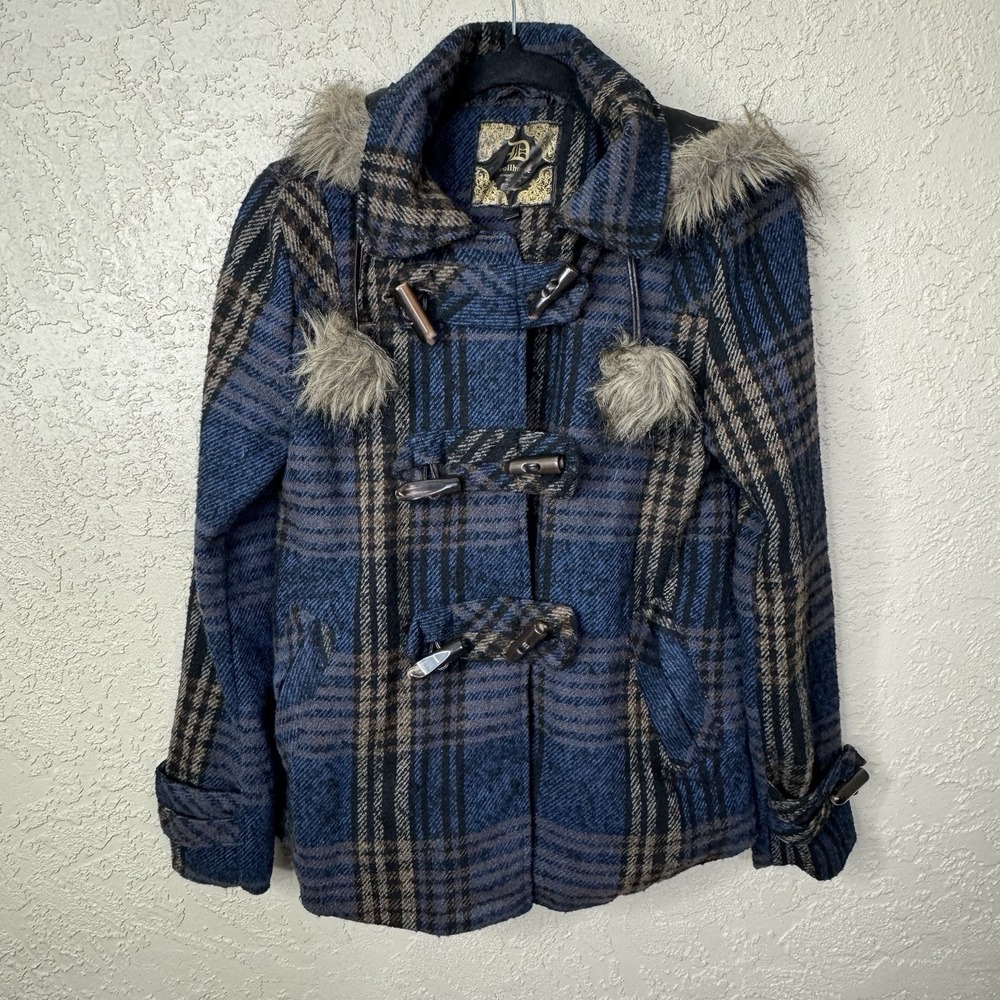 Dollhouse Outerwear NYC Women's Plaid Peacoat Size L Faux Fur Trim Hood Academia